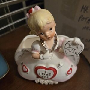 Vintage Rubens Ceramic Girl Valentine Vase with Heart Accents